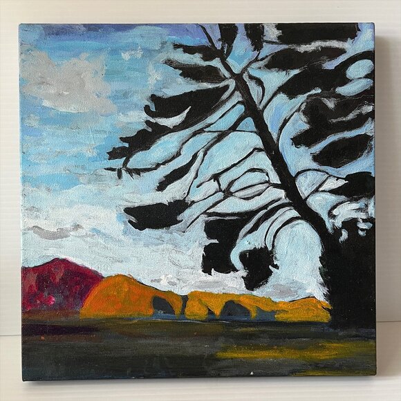 Original Landscape Oil Painting Tree Silhouette Mountains Modern Abstract Art - Picture 1 of 5
